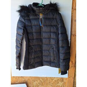 NAUTICA Black Jacket Quilted Puffer Coat Faux Fur Trimmed Hood Size Small